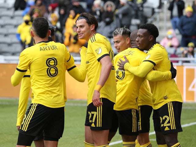 The Columbus Crew SC celebrates the win against Toronto FC 2-1 at Lower.com Field on March 12, 2022