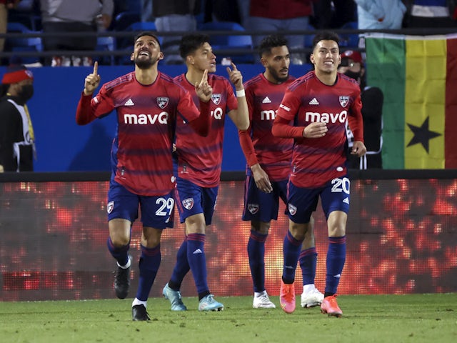FC Dallas forward Franco Jara (29) celebrates with teammates after scoring a penalty kick goal during the second half against Nashville SC at Toyota Stadium on March 12, 2022