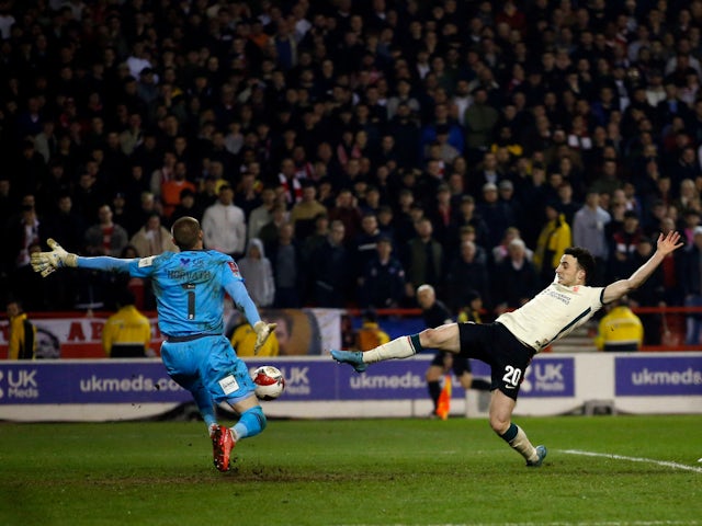 Diogo Jota scores for Liverpool against Nottingham Forest in the FA Cup on March 20, 2022