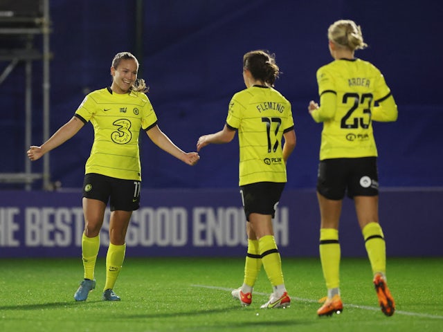 Chelsea Women's Guro Reiten celebrates scoring their second goal with teammates on March 16, 2022