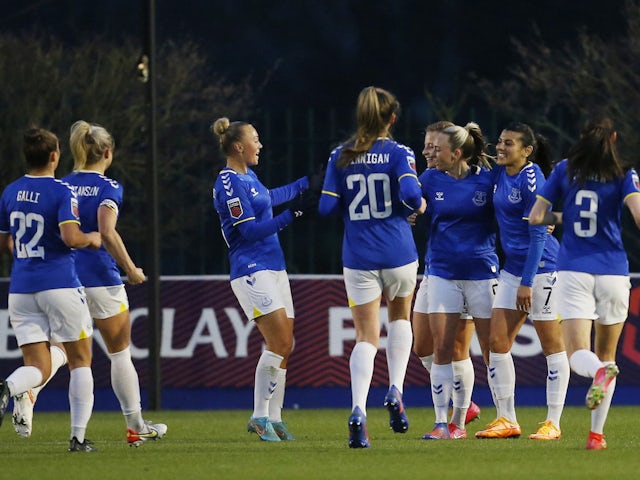 Everton Women's Toni Duggan celebrates scoring their first goal with teammates on March 12, 2022