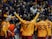 Galatasaray's Marcao celebrates scoring their first goal with teammates on March 17, 2022