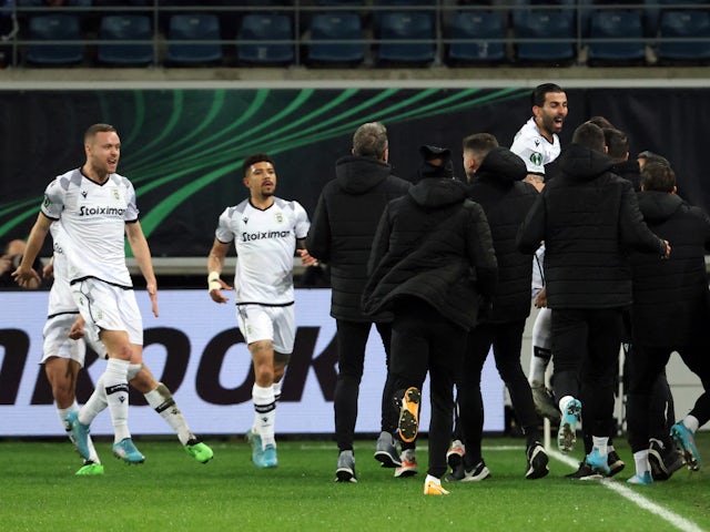 PAOK's Jose Angel Crespo celebrates scoring their first goal with teammates on March 17, 2022