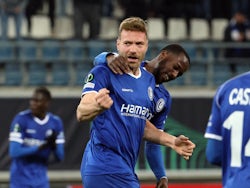 Gent's Laurent Depoitre celebrates scoring their first goal on March 17, 2022
