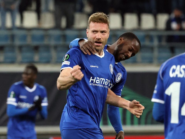 Gent's Laurent Depoitre celebrates scoring their first goal on March 17, 2022