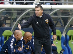 Los Angeles Galaxy head coach Greg Vanney reacts to a play against the Seattle Sounders FC during the second half at Lumen Field on March 12, 2022