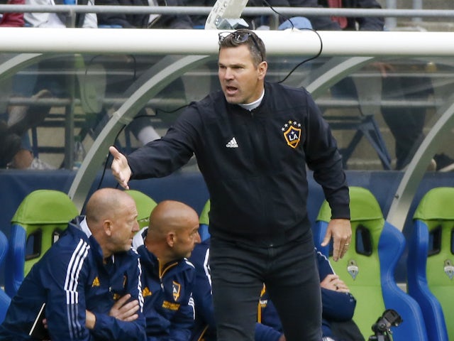 Los Angeles Galaxy head coach Greg Vanney reacts to a play against Seattle Sounders FC during the second half at Lumen Field on March 12, 2022.