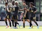 Teammates celebrate a goal by Los Angeles FC forward Kwadwo Opoku (22) against the Inter Miami FC during the first half at Inter Miami CF Stadium on March 12, 2022