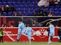 Minnesota United celebrate after forward Luis Amarilla (9) scored a goal against the New York Red Bulls during the second half at Red Bull Arena on March 13, 2022