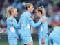 Manchester City Women's Lauren Hemp celebrates scoring their first goal with Alanna Kennedy on March 20, 2022