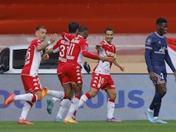 Monaco's Kevin Volland celebrates scoring their second goal with teammates on March 20, 2022