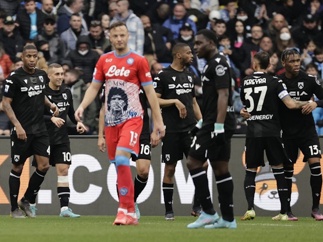 Udinese's Gerard Deulofeu celebrates scoring their first goal with teammates on March 19, 2022