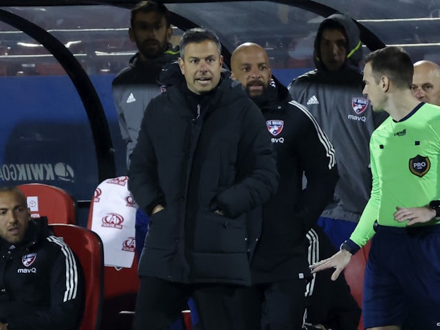 FC Dallas Head Coach Nico Estevez reacts during a game against Nashville SC at Toyota Stadium on March 12, 2022