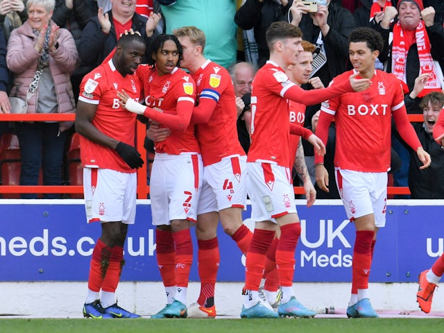 Nottingham Forest's Keinan Davis celebrates scoring their first goal with teammates on March 12, 2022