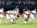 Olimpia players celebrate winning the penalty shootout on March 16, 2022