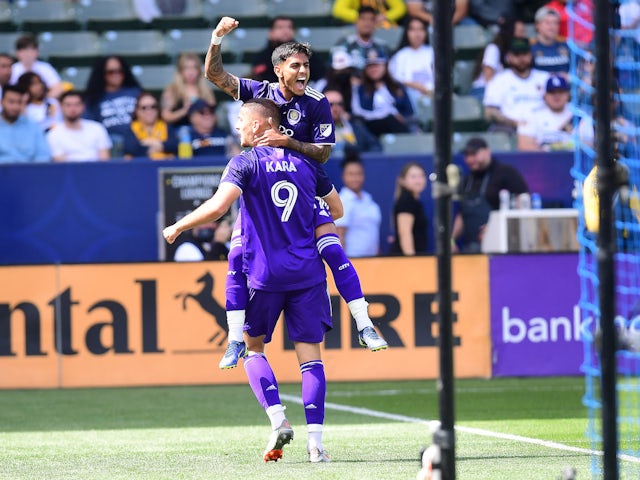 Orlando City SC forward Facundo Torres (17) celebrates with forward Ercan Kara (9) his goal scored against the Los Angeles Galaxy during the first half at StubHub Center on March 19, 2022