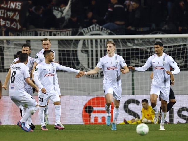 Lask Linz's Philipp Wiesinger celebrates scoring their first goal on March 17, 2022