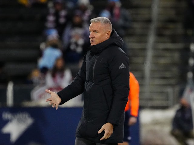 Sporting Kansas City head coach Peter Vermes reacts in the second half against the Colorado Rapids at Dick's Sporting Goods Park on March 12, 2022