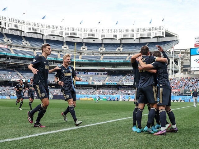 Philadelphia Union midfielder Alejandro Bedoya (11) celebrates his goal with teammates during the first half against New York City FC at Yankee Stadium on March 19, 2022
