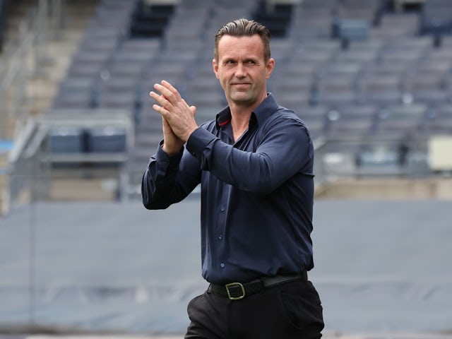 New York City head coach Ronny Deila gestures to fans before the game against the Philadelphia Union at Yankee Stadium on March 19, 2022