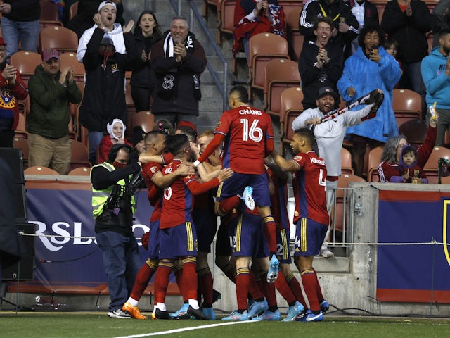 Real Salt Lake celebrate after a first half goal against the Nashville SC at Rio Tinto Stadium on March 19, 2022