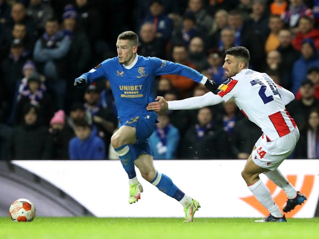 Rangers' Ryan Kent in action with Red Star Belgrade's Cristiano Piccini on March 10, 2022