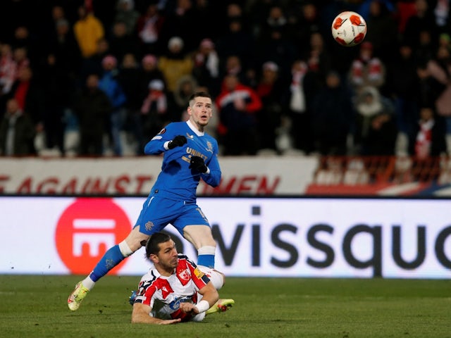 Rangers' Ryan Kent scores their first goal against Red Star Belgrade on March 17, 2022