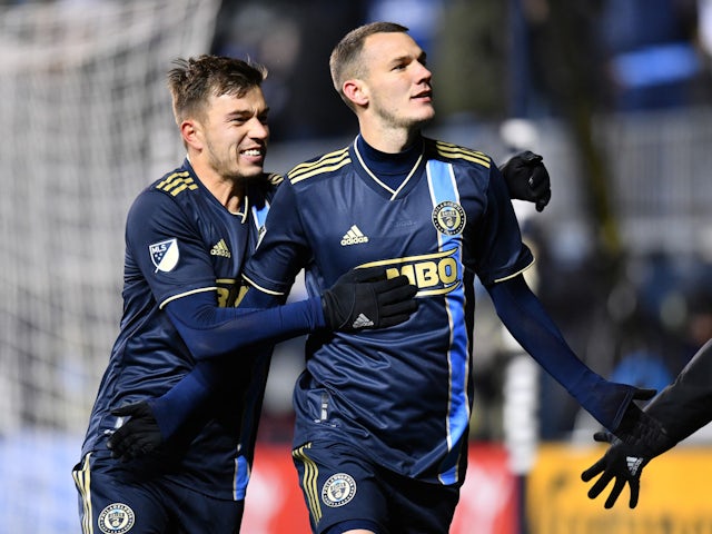 Philadelphia Union midfielder Deniel Gazdag (6) reacts with defender Kai Wagner (27) after scoring a goal from a penalty kick in the second half against the San Jose Earthquakes at Talen Energy Stadium on March 12, 2022