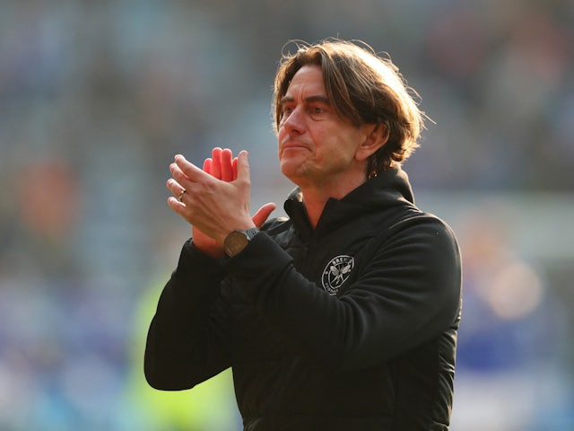 Brentford manager Thomas Frank applauds fans after the match on March 20, 2022