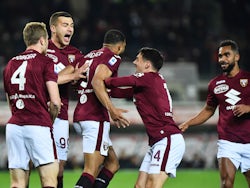 Torino's Bremer celebrates scoring their first goal with teammates on March 13, 2022