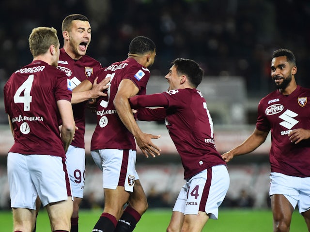 Torino's Bremer celebrates scoring their first goal with teammates on March 13, 2022
