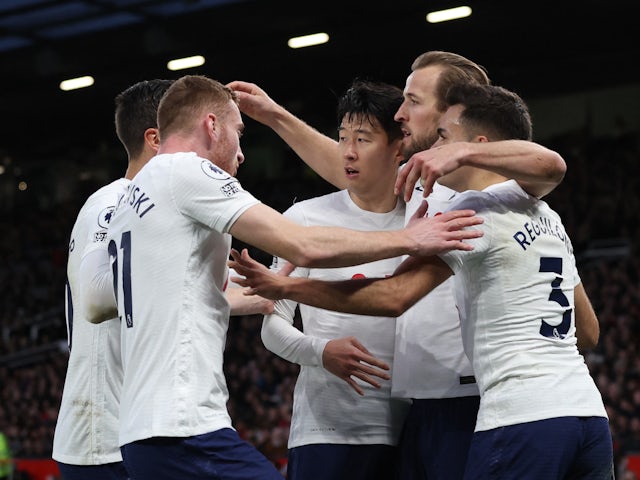 Tottenham Hotspur's Harry Kane celebrates scoring their first goal with teammates on March 12, 2022