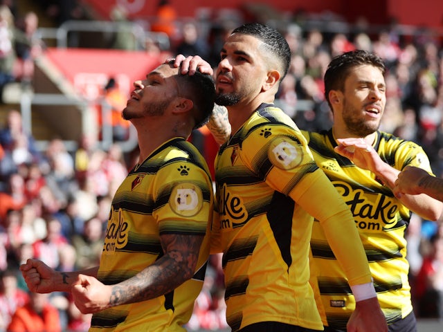  Watford's Cucho Hernandez celebrates his second goal with Imran Louza on March 13, 2022