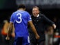 Leicester City's Wesley Fofana celebrates scoring their first goal with manager Brendan Rodgers on March 17, 2022