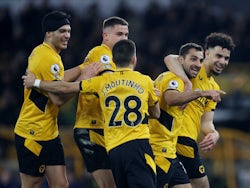 Wolverhampton Wanderers' Jonny celebrates scoring their first goal with teammates on March 18, 2022