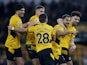 Wolverhampton Wanderers' Jonny celebrates scoring their first goal with teammates on March 18, 2022