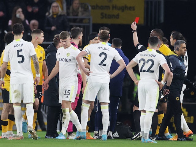 Wolverhampton Wanderers' Raul Jimenez is shown a red card by referee Kevin Friend on March 18, 2022