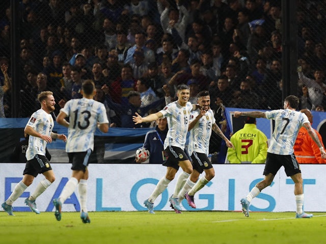 Argentina's Nicolas Gonzalez celebrates scoring their first goal with teammates on March 25, 2022
