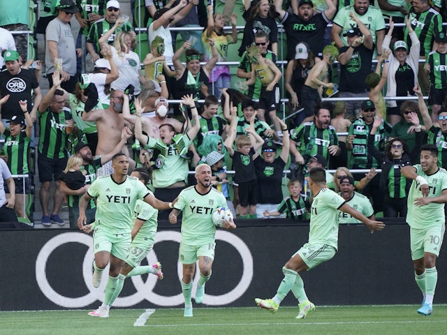 Austin FC forward Diego Fagúndez (14) celebrates his goal scored against Seattle Sounders FC during the second half at Q2 Stadium on March 20, 2022