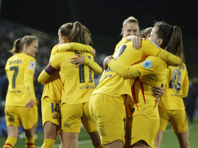 Barcelona Women's Claudia Pina celebrates scoring their second goal with teammates on March 22, 2022