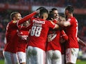 Benfica's Rafa Silva celebrates scoring their first goal with teammates on March 20, 2022