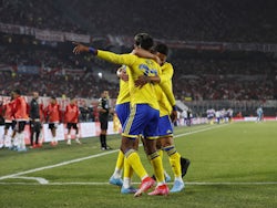 Boca Juniors' Sebastian Villa celebrates scoring their first goal with teammates on March 20, 2022