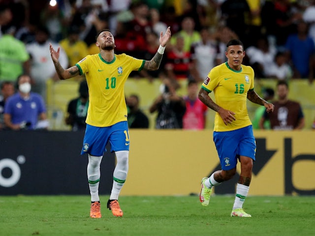 Brazil's Neymar celebrates scoring his first goal on March 24, 2022