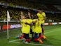 Colombia's Mateus Uribe celebrates scoring their third goal with teammates on March 24, 2022