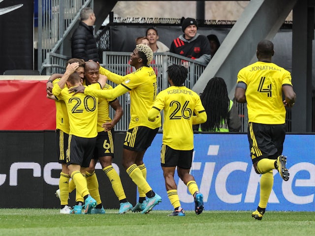 Columbus Crew midfielder Darlington Nagbe (6) celebrates his goal with teammates during the second half against the New York Red Bulls at Red Bull Arena on March 20, 2022