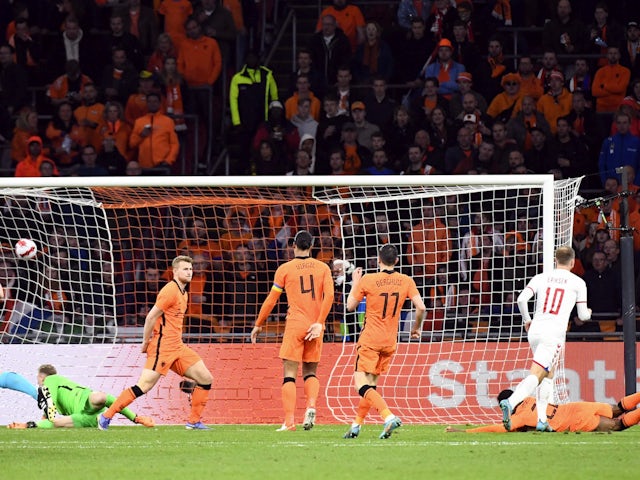 Denmark's Christian Eriksen scores their second goal on March 26, 2022