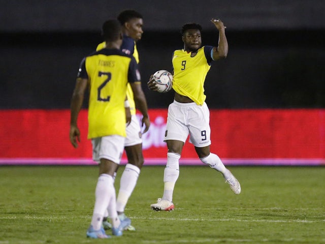 Ecuador's Jordy Caicedo celebrates scoring their first goal on March 24, 2022