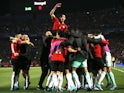 Egypt players celebrate after Senegal's Saliou Ciss scores an own goal on March 25, 2022