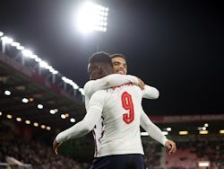England Under-21's Folarin Balogun celebrates scoring their first goal with a teammate on March 25, 2022