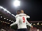 England Under-21's Folarin Balogun celebrates scoring their first goal with a teammate on March 25, 2022